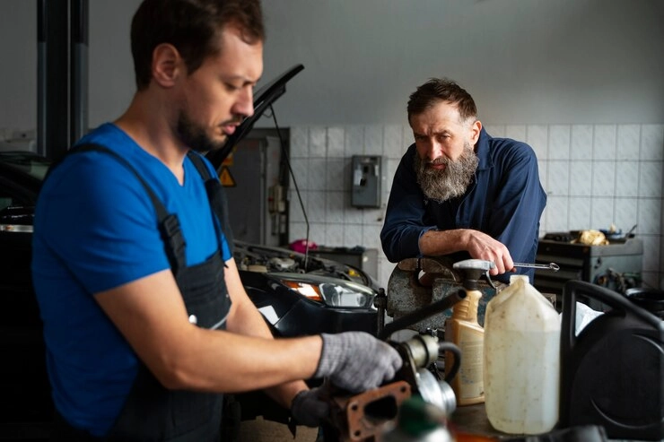 روغن موتور دیزل- تصویر دو مکانیک مرد در حال بررسی موتور خودرو داخل تعمیرگاه خودرو